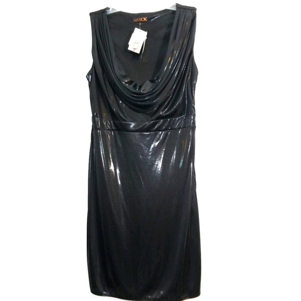 NWT LaRok liquid metallic black cowl neck dress M